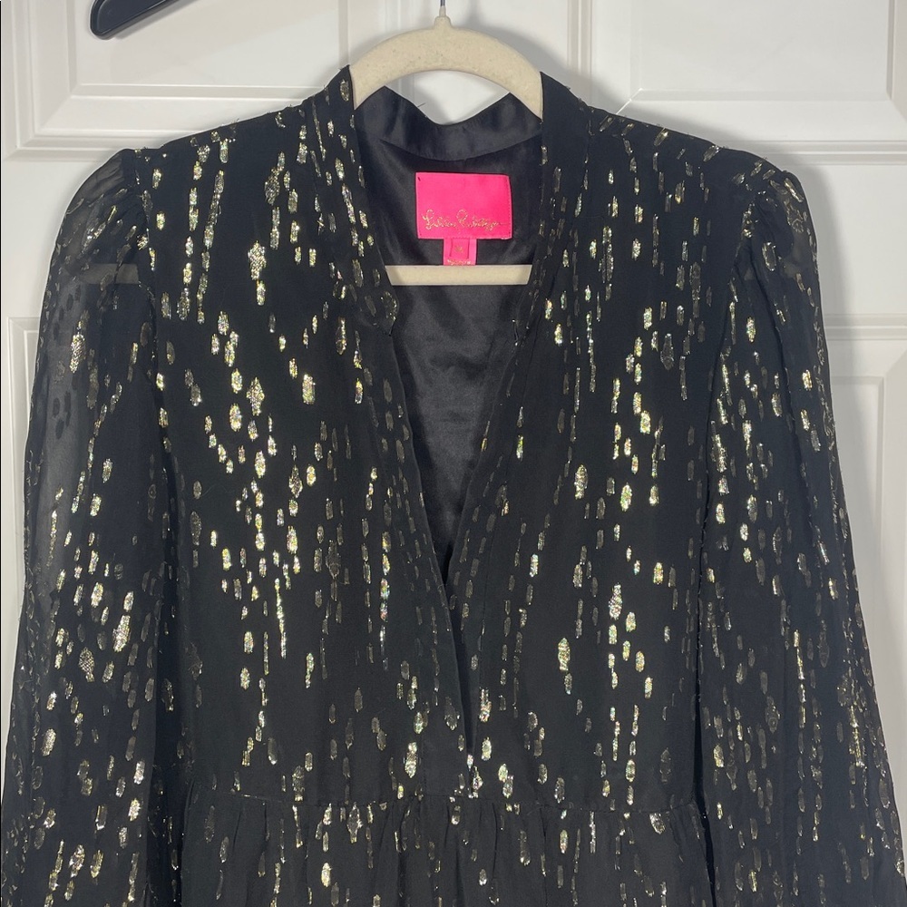 Lilly Pulitzer Winona Silk Dress Size XL Swing Onyx Fish Clip Gold Chiffon Black - Picture 3 of 17